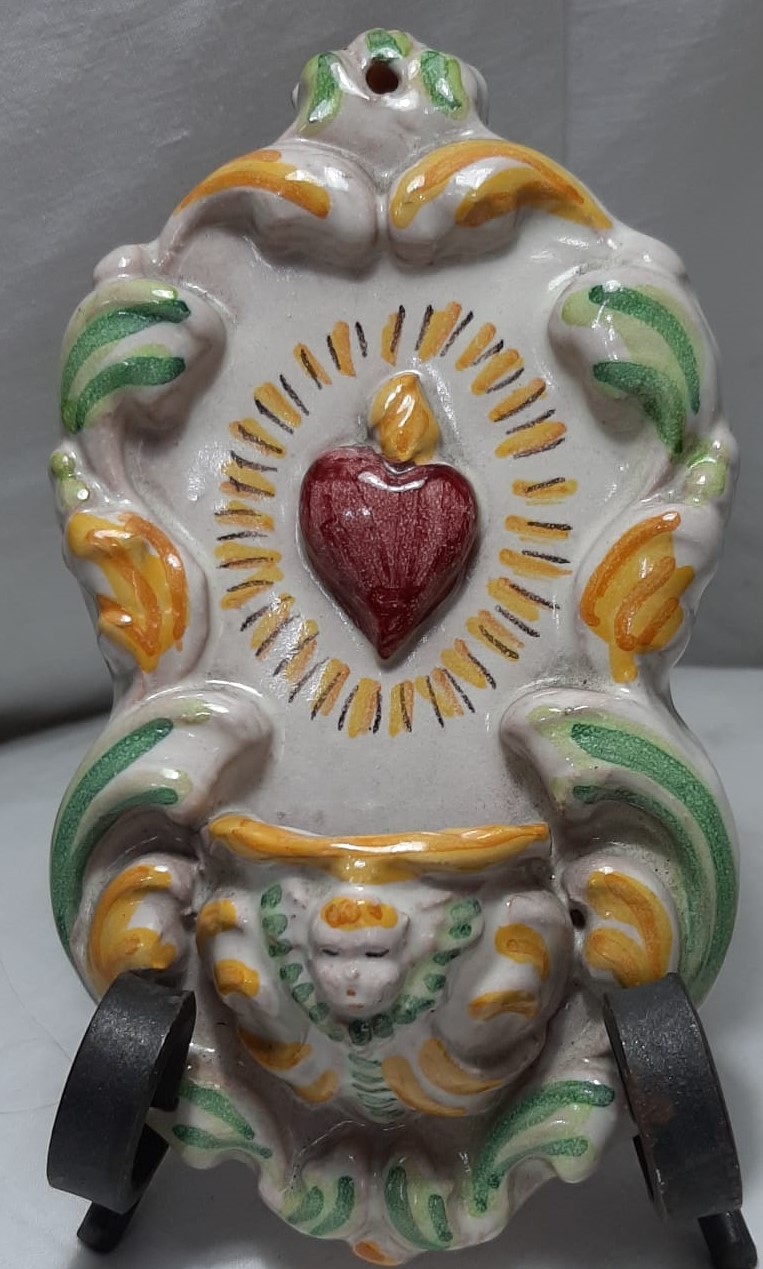 ACQUASANTIERA CERAMICA CALTAGIRONE ALTARE 2 CUORI